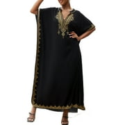 Edolynsa Women Embroidery Caftans Short Sleeve Bikini Swimsuit Cover Up Side Split Beach Dress Moroccan Kaftan