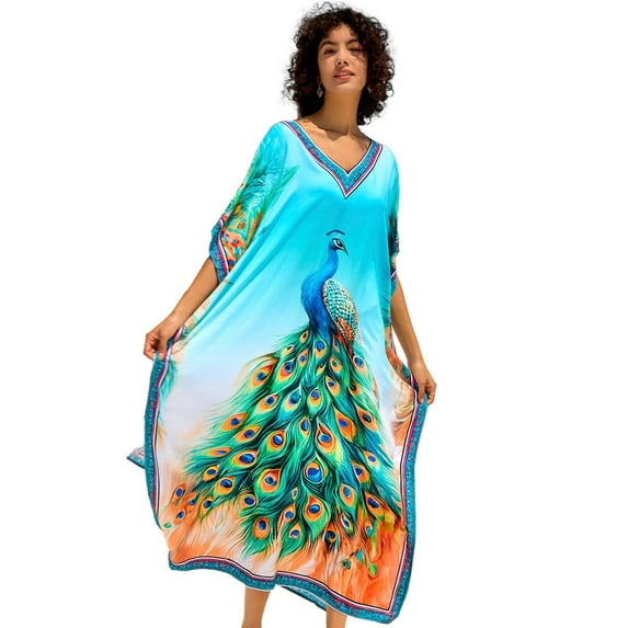 Edolynsa Women Print Kaftan Cover up Casual Summer Dress Plus Size Cafan Loungewear Maxi Beachwear Long Resort Outfits