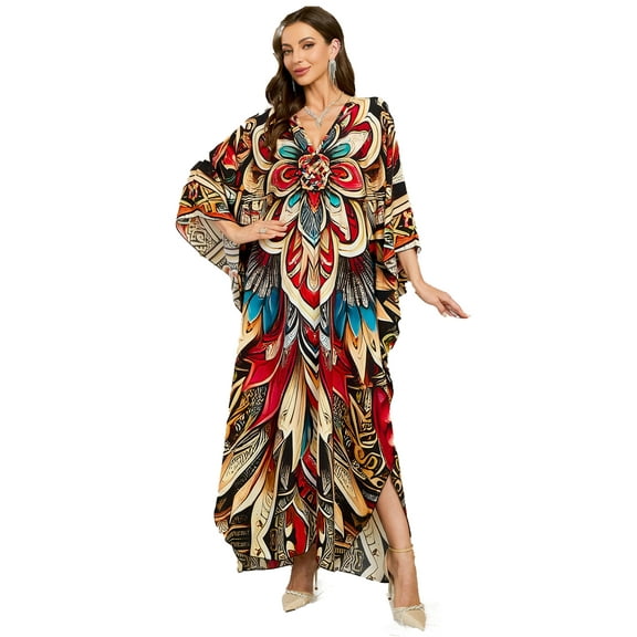Edolynsa Women Print Kaftan Cover up Casual Summer Dress Plus Size Cafan Loungewear Maxi Beachwear Long Resort Outfits