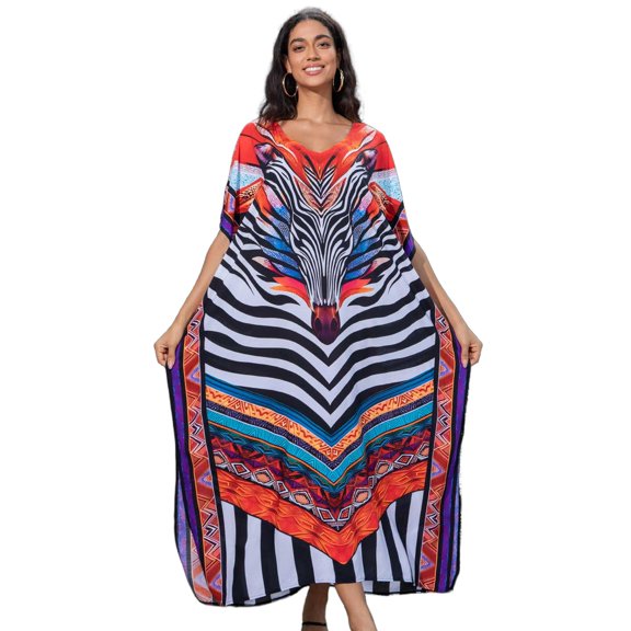 Edolynsa Women Print Kaftan Cover up Casual Summer Dress Plus Size Cafan Loungewear Maxi Beachwear Long Resort Outfits