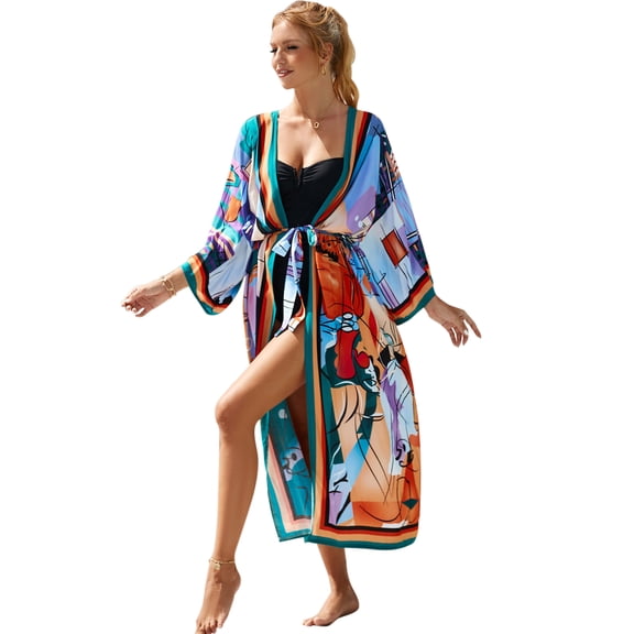 Edolynsa Women's Boho Printed Kimonos Lightweight Swimsuit Cover ups Plus Size Bathing Suit Coverups Beach Outfits