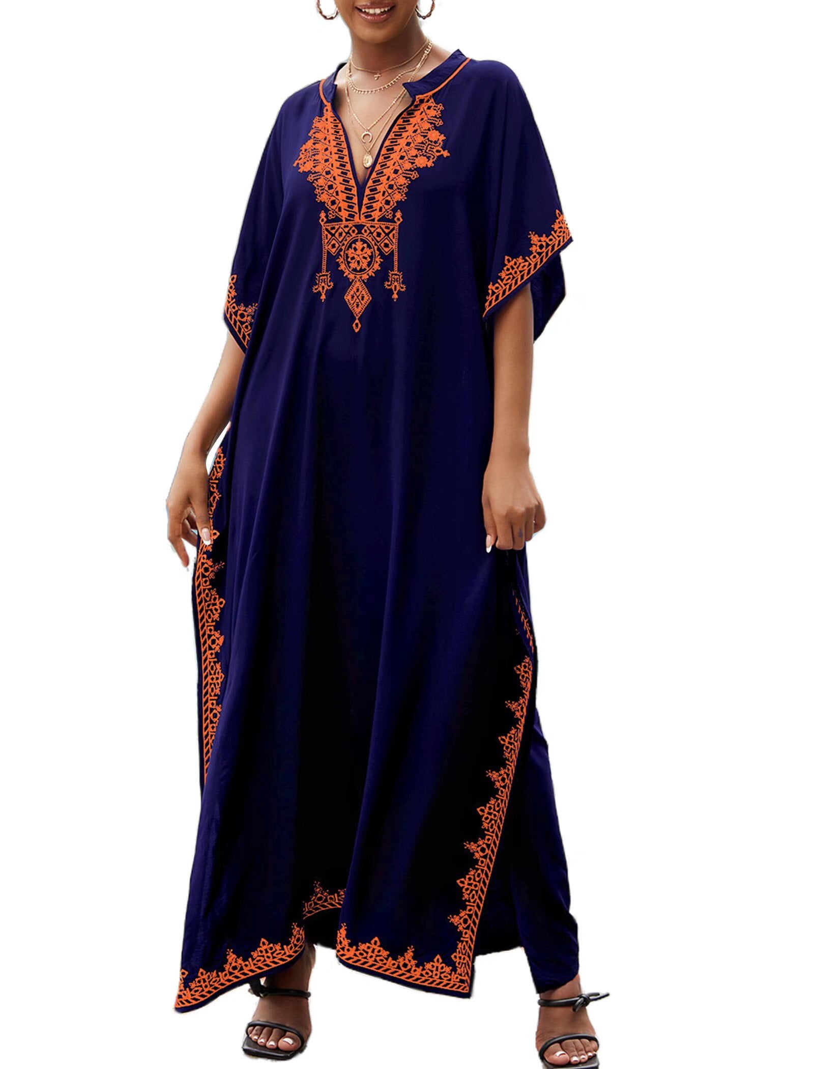 Edolynsa Women's Caftan Gown Embroidered Maxi Beach Dresses Batwing Sleeve Kaftan Swimsuit Cover