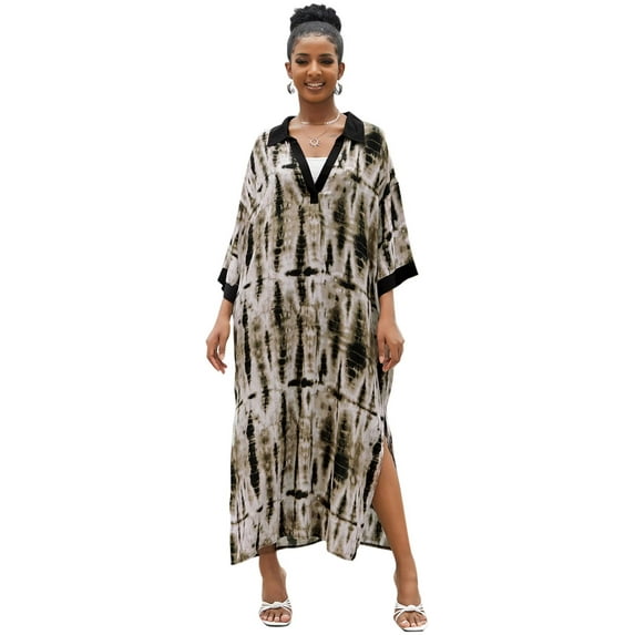 Edolynsa Women's Caftan Plus Size V Neck Tie Dye Print Casual dress Bikini Beachwear Bathing Suit Cover-up