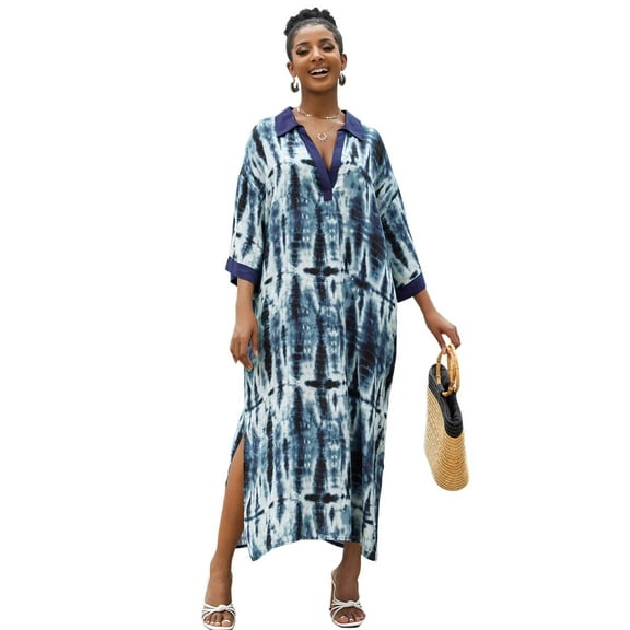 Edolynsa Women's Caftan Plus Size V Neck Tie Dye Print Casual dress Bikini Beachwear Bathing Suit Cover-up