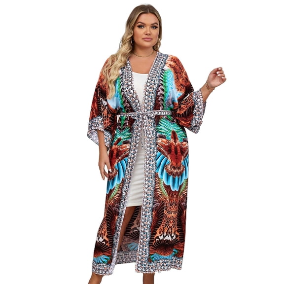 Edolynsa Women's Kimono Cover Up Open Front Loose Fit Maxi Cardigan Stripes Bathing Suit Coverups Vacation Outfits