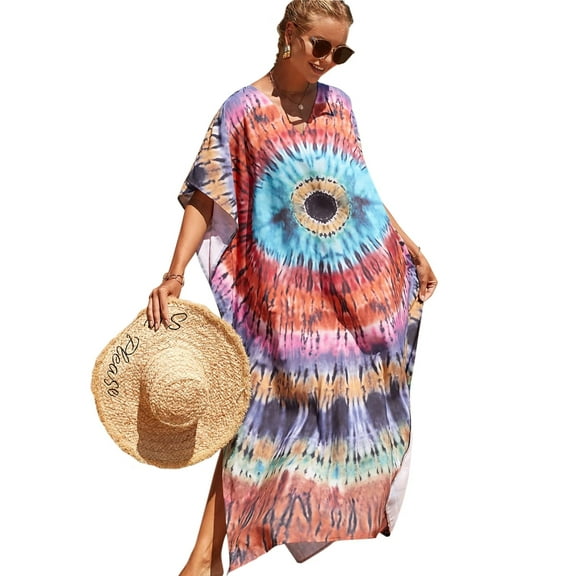 Edolynsa Women's Plus Size Swimwear Cover Up Long Beach Dress Printed Kaftan Dress Lightweight lounge wear