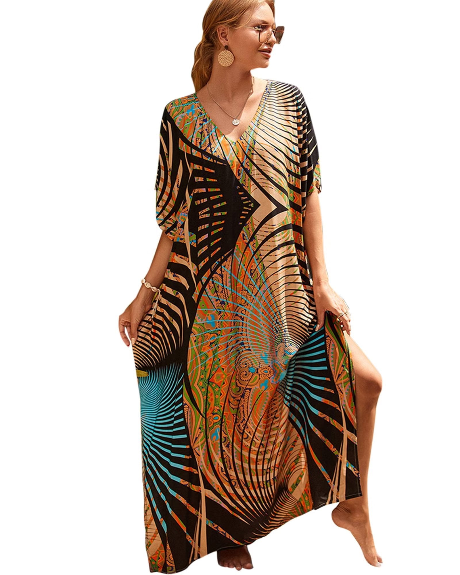 Edolynsa Women's Plus size kaftan dresses printed bathing suit cover