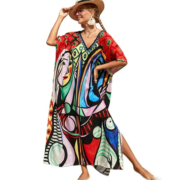 Edolynsa Women's Plus size kaftan dresses printed bathing suit cover-ups caftans for women loungewear