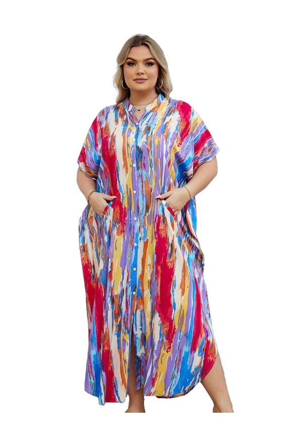 Womens Casual Short Sleeve Side Split Button Down Long Kimonos Cardigans Swimsuit Cover Ups Summer Beach Dress
