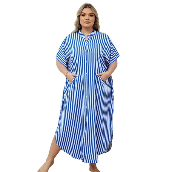 Edolynsa Womens Casual Short Sleeve Side Split Button Down Long Kimonos Cardigans Swimsuit Cover Ups Summer Beach Dress