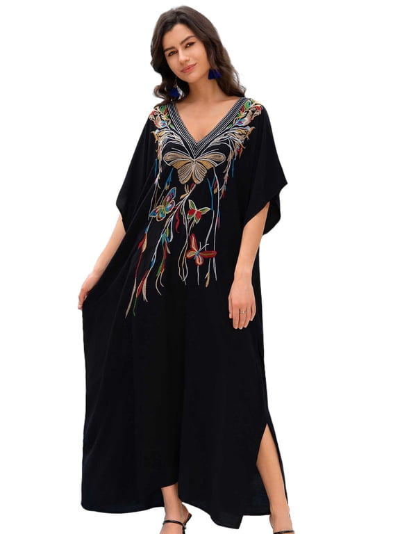Womens Embroidered Kaftan Dresses Long Swimsuit Cover up Plus Size Caftan Loungewear Maxi Beachwear Boho Beach Tops