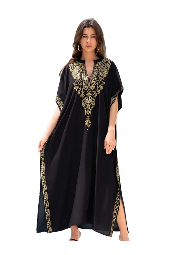 Womens Embroidered Kaftan Dresses Long Swimsuit Cover up Plus Size Caftan Loungewear Maxi Beachwear Boho Beach Tops