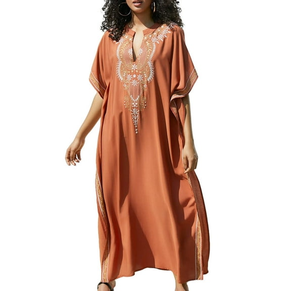 Edolynsa Womens Embroidered Kaftan Dresses Long Swimsuit Cover up Plus Size Caftan Loungewear Maxi Beachwear Boho Beach Tops
