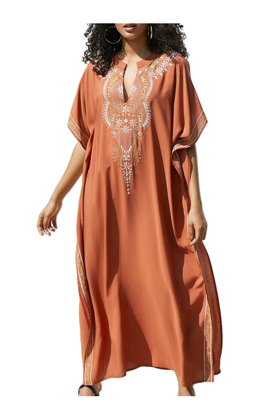 Womens Embroidered Kaftan Dresses Long Swimsuit Cover up Plus Size Caftan Loungewear Maxi Beachwear Boho Beach Tops