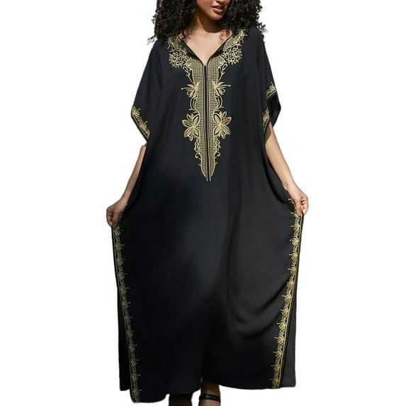 Edolynsa Womens Embroidered Kaftan Dresses Long Swimsuit Cover up Plus Size Caftan Loungewear Maxi Beachwear Boho Beach Tops