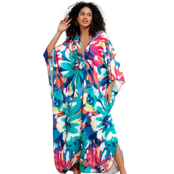 Edolynsa Womens Floral Kaftan Dress Plus Size Caftan Loungewear Bathing Suit Cover up Maxi Beach Dress Older Women Summer Dress