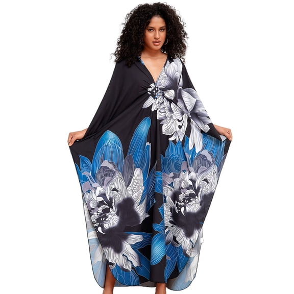 Edolynsa Womens Floral Kaftan Dress Plus Size Caftan Loungewear Bathing Suit Cover up Maxi Beach Dress Older Women Summer Dress