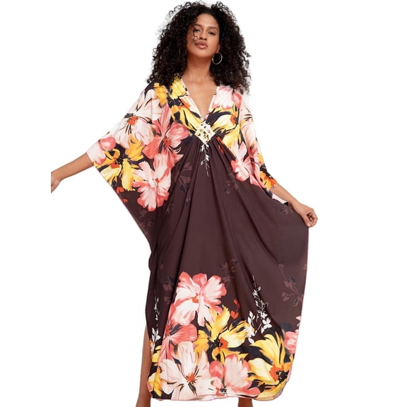 Edolynsa Womens Floral Kaftan Dress Plus Size Caftan Loungewear Bathing Suit Cover up Maxi Beach Dress Older Women Summer Dress