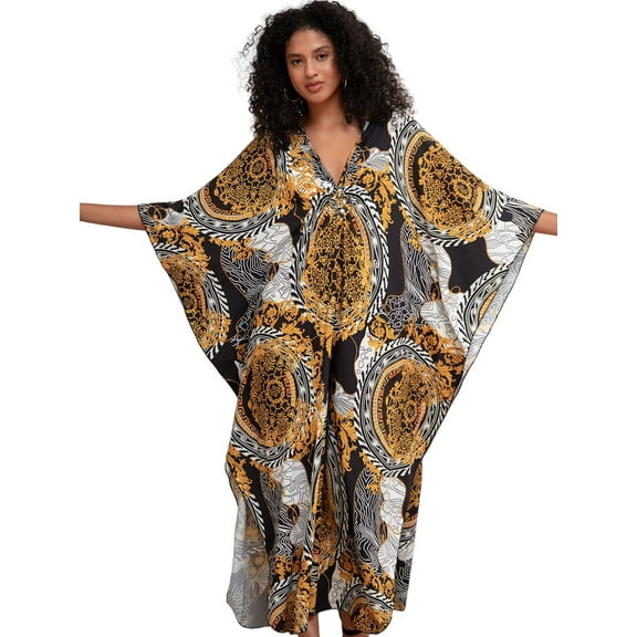 Edolynsa Womens Floral Kaftan Dress Plus Size Caftan Loungewear Bathing Suit Cover up Maxi Beach Dress Older Women Summer Dress