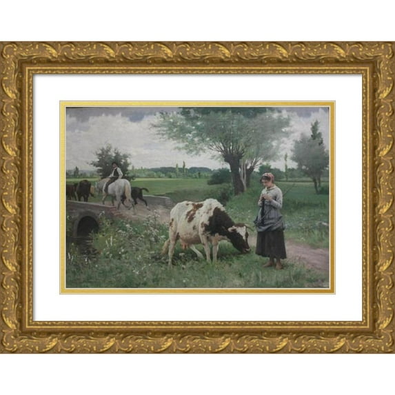Edouard Bernard Debat-Ponsan 18x14 Gold Ornate Wood Frame and Double Matted Museum Art Print Titled - The Well -Kept Cow (1890)
