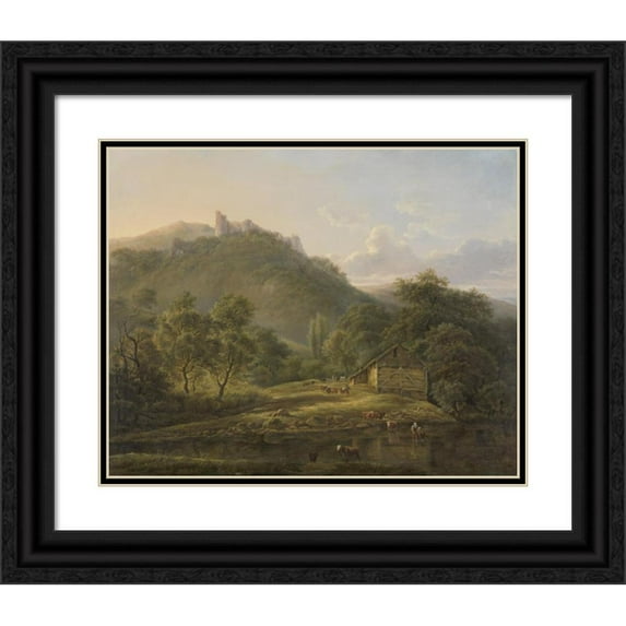 Edouard Delvaux 24x20 Black Ornate Framed Double Matted Museum Art Print Titled: On the Sambre River (1826 - 1828)