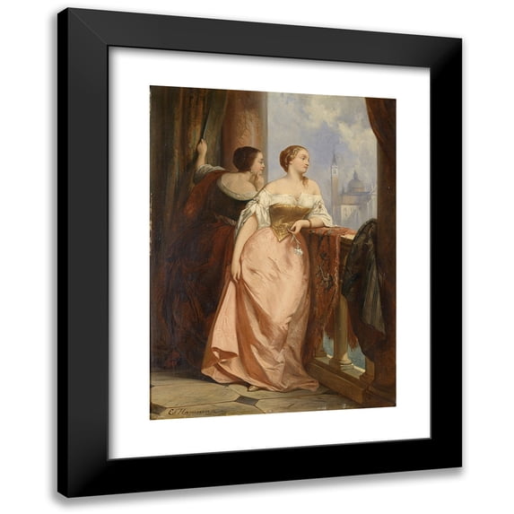 Edouard Hamman 11x14 Black Modern Framed Museum Art Print Titled - Two Women on the Balcony, in the Background San Giorgio Maggiore, Venice