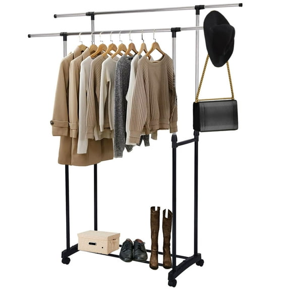 Clothes Racks,Double Rod Clothing Racks,Clothes Rack with Wheel,Stainless Steel Portable Garment Rack for Hanging Clothes with Lower Storage and Adjustable