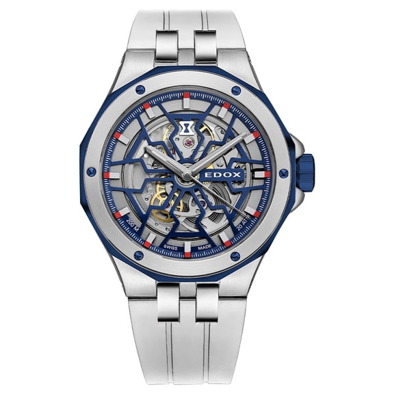 Edox Delfin Mecano Automatic Stainless Steel Blue Skeleton Dial White Rubber Strap Divers Mens Watch 85303-357BUCAB-BUIRB
