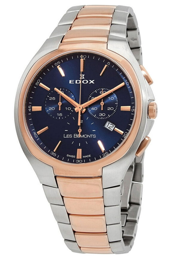 Les Bemonts Chronograph Ultra Slim Two-Tone Stainless Steel Blue Dial Date Quartz Mens Watch 10239-357R-BUIR