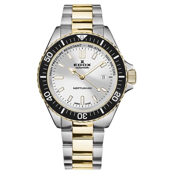 Edox Neptunian Automatic Two-Tone Stainless Steel Silver Dial Date Divers Mens Watch 80120-357JM-AID