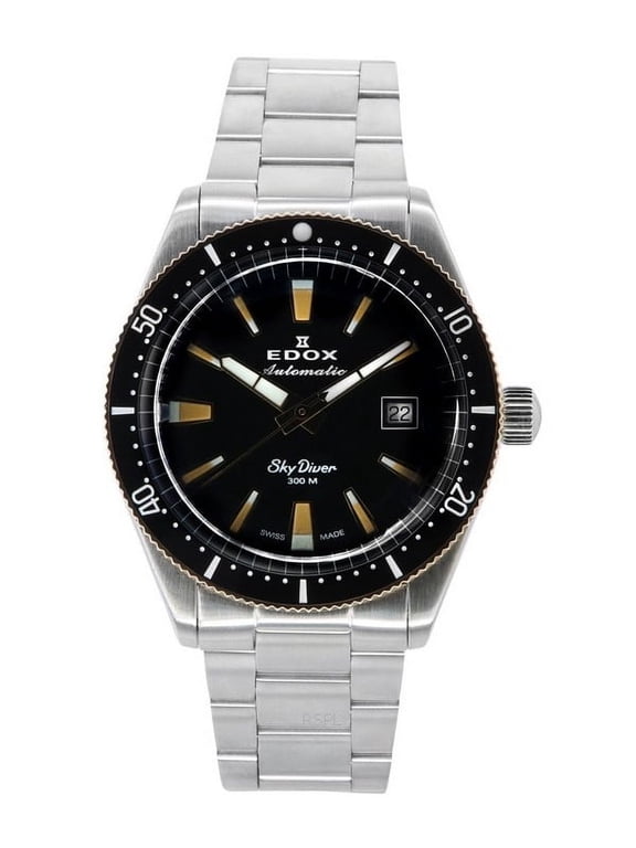 Limited Edition Edox Skydiver Automatic Stainless Steel Black Dial Interchangeable Brown Leather Strap Date Divers Mens Watch 80126-357RNM-NIRB