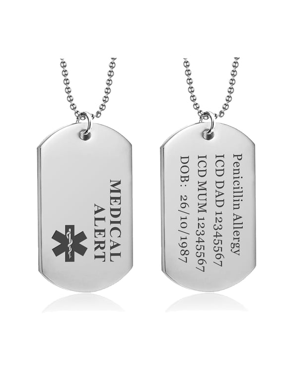 Personalized Medical ID Tags, Silver Stainless Steel, 24 in