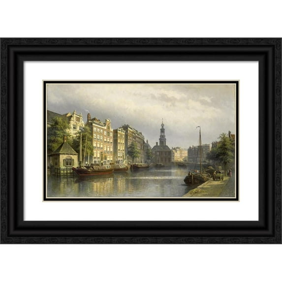 Eduard Alexander Hilverdink 24x16 Black Ornate Framed Double Matted Museum Art Print Titled: The Singel, Amsterdam, Looking Towards the Mint (1884 - 1886)
