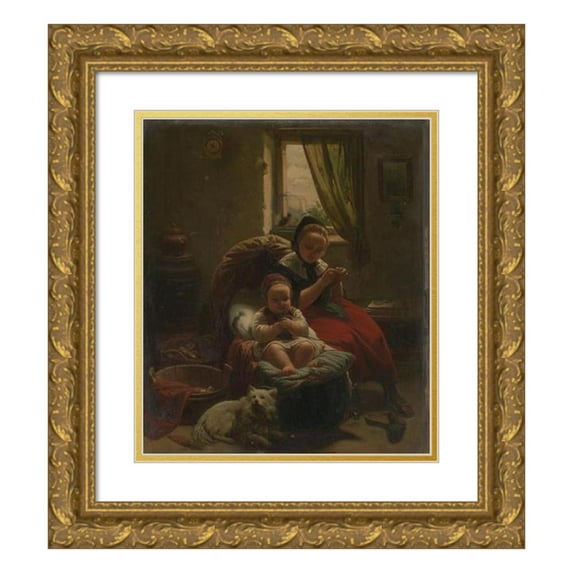 Eduard Geselschap 15x17 Gold Ornate Wood Frame and Double Matted Museum Art Print Titled - Child in De Wieg (1857)