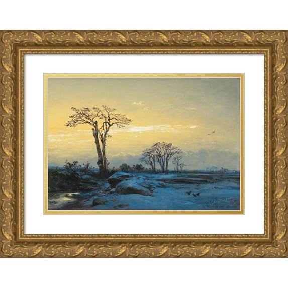 Eduard Hildebrandt 14x11 Gold Ornate Wood Frame and Double Matted Museum Art Print Titled - Crows in an Open Winter Landscape (1851)