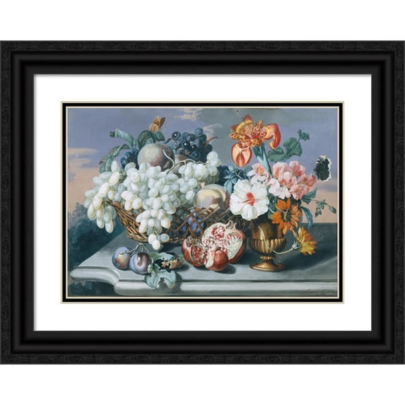 Eduard Hirschler 18x14 Black Ornate Wood Framed Double Matted Museum Art Print Titled - Flowers and Fruits (1843)