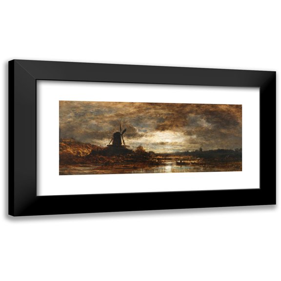 Eduard Schleich The Elder 14x8 Black Modern Framed Museum Art Print Titled - Dutch River Landscape with Mill Near Mondschein (1855)