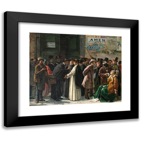 Eduardo Matania 24x20 Black Modern Framed Museum Art Print Titled - At the Closed Bank (1870s)