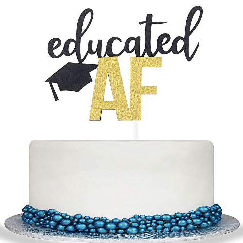 Graduation Dekorationen 2021 – Schwarz-Glitzer Banner & Cake Topper „Educated AF“ Für Abschlusspartys