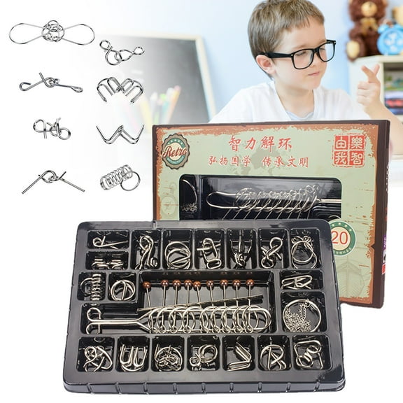Education Brain Teaser Puzzles Set Of 20 Metal Wire In A Pouch For IQ Test Interlock Game Great Party Trick