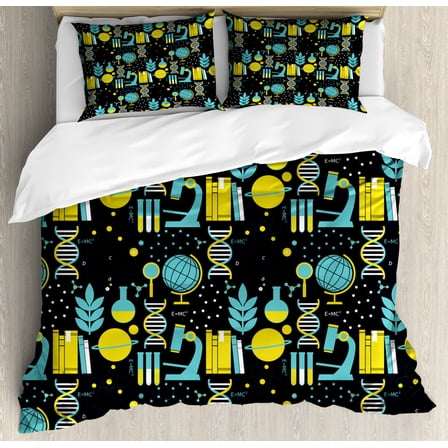 Education Duvet Cover Set Queen Size, Science Class Themed Biology Chemistry and Physics Protons Neutrons, Decorative 3 Piece Bedding Set with 2 Pillow Shams, Turquoise Yellow Black, by Ambesonne