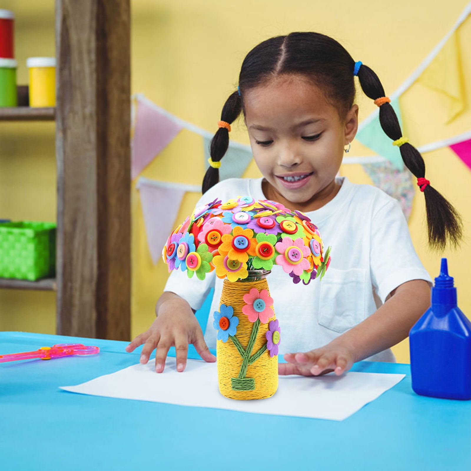 Flower Craft Kit For Kids DIY Bouquet Making Art Project Educational Toy For Children Button Flower Arrangement Activity