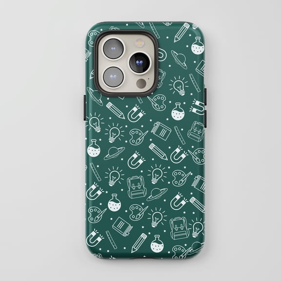 Education Theme For All iPhone Series Protective Phone Case Doodle Art Dark Green White
