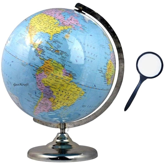 Educational 12 Inch Political Metal Base Stem Globe With Magnifying Glass For Kids & Students Learning (Blue) Political Globe, Pack Of 1
