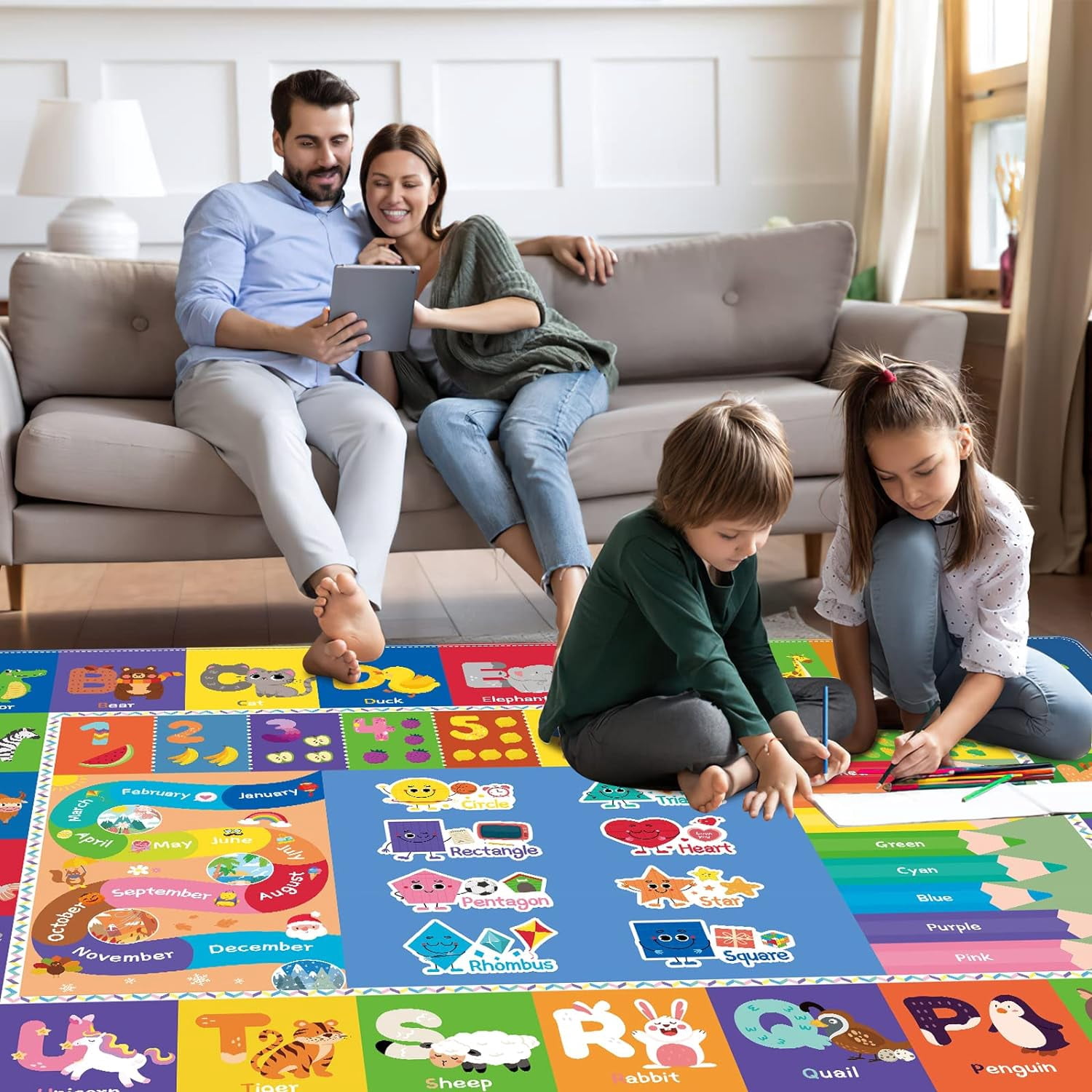 Educational Alphabet Numbers Shapes Kids Play Mat Large Rug for ...
