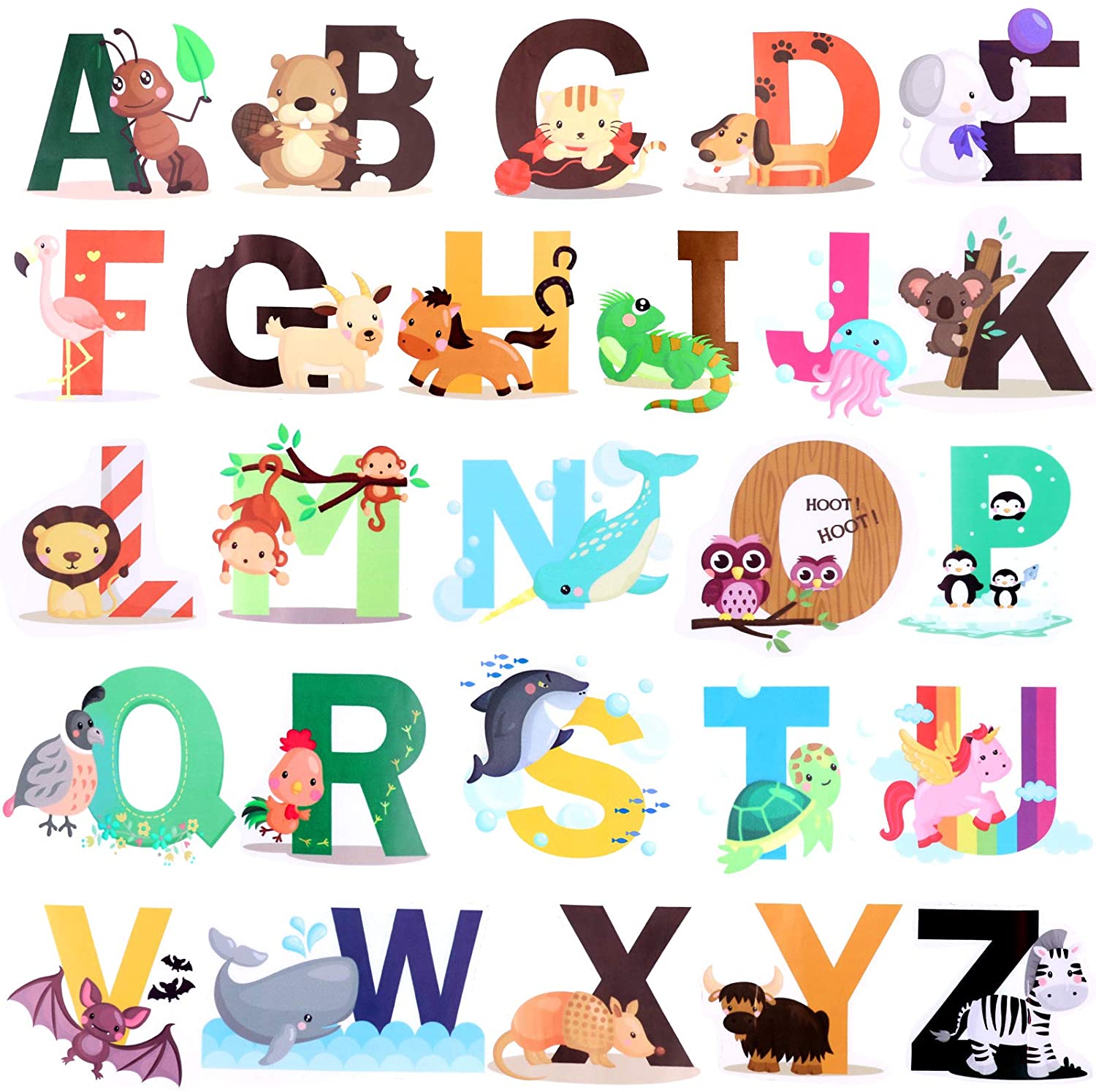 Animal Alphabet Decals Kids Wall Stickers Colorful ABC Letters Decals Peel  and Stick Removable Number Decals for Nursery Bedroom Kids Room Wall Closet