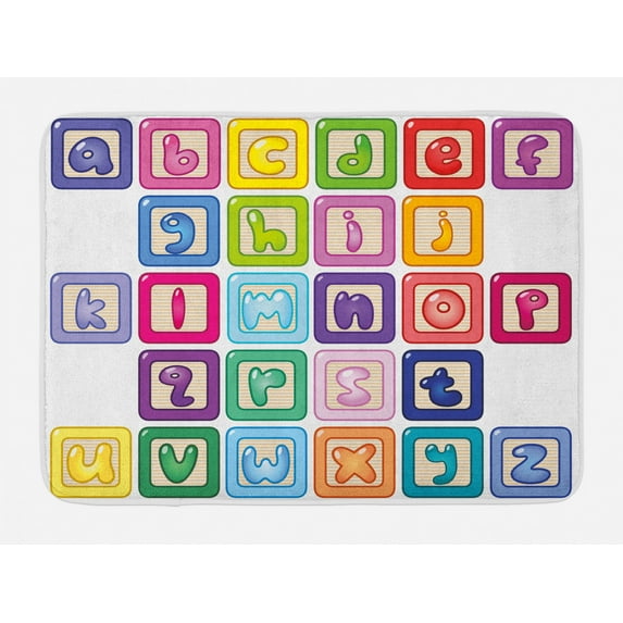 Educational Bath Mat, Colorful Lower Case Alphabet Blocks Cute Kids Font Abc Cartoon Style Typography, Non-Slip Plush Mat Bathroom Kitchen Laundry Room Decor, 29.5 X 17.5 Inches, Multicolor, Ambesonne