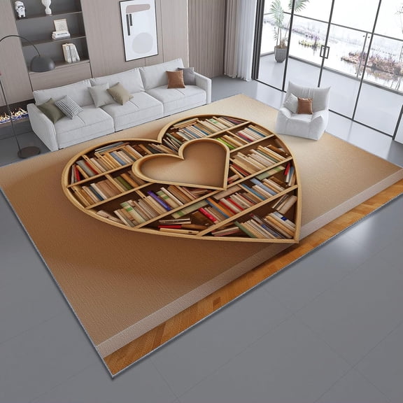 Educational Bookshelf Area Rug Non-Slip Modern Heart-Shaped Bookshelf Style Printed Carpet for Living Room, Soft Low Pile Rugs for Bedroom Dining Room Office-5' x 8'