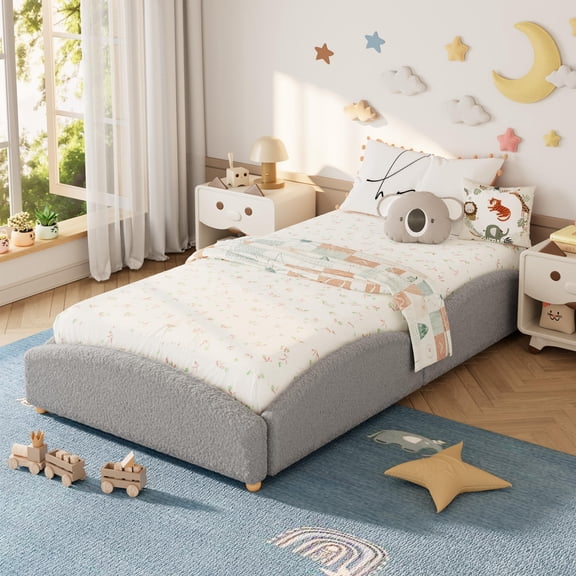 Educational Cloud Shape s Floor Bed – Soft Soft Fleece Upholstered Platform with Guardrails – Secure Raised Sides, Wooden Slats – Light Gray, Twin-XL, Soft Fleece