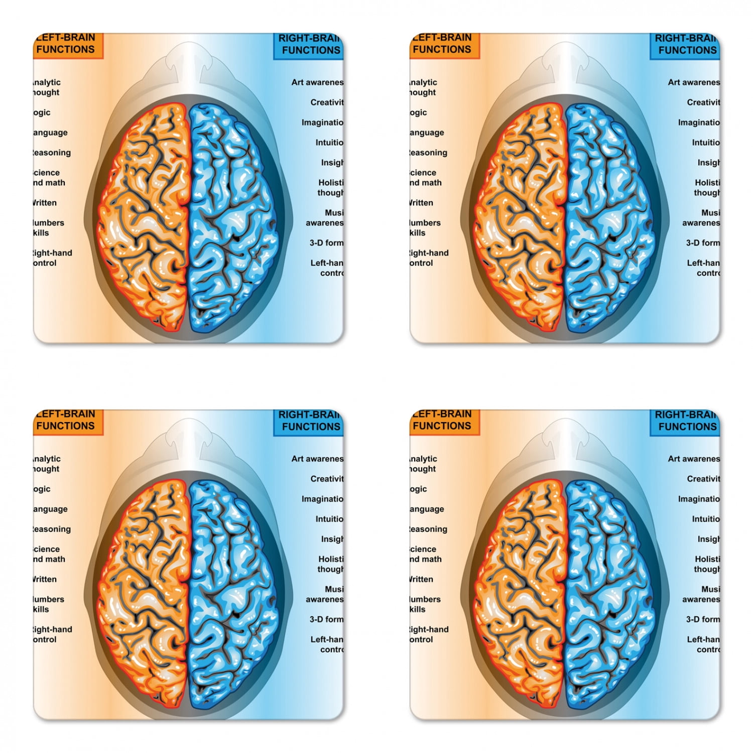 Educational Coaster Set of 4, Human Brain Left and Right Functions List ...